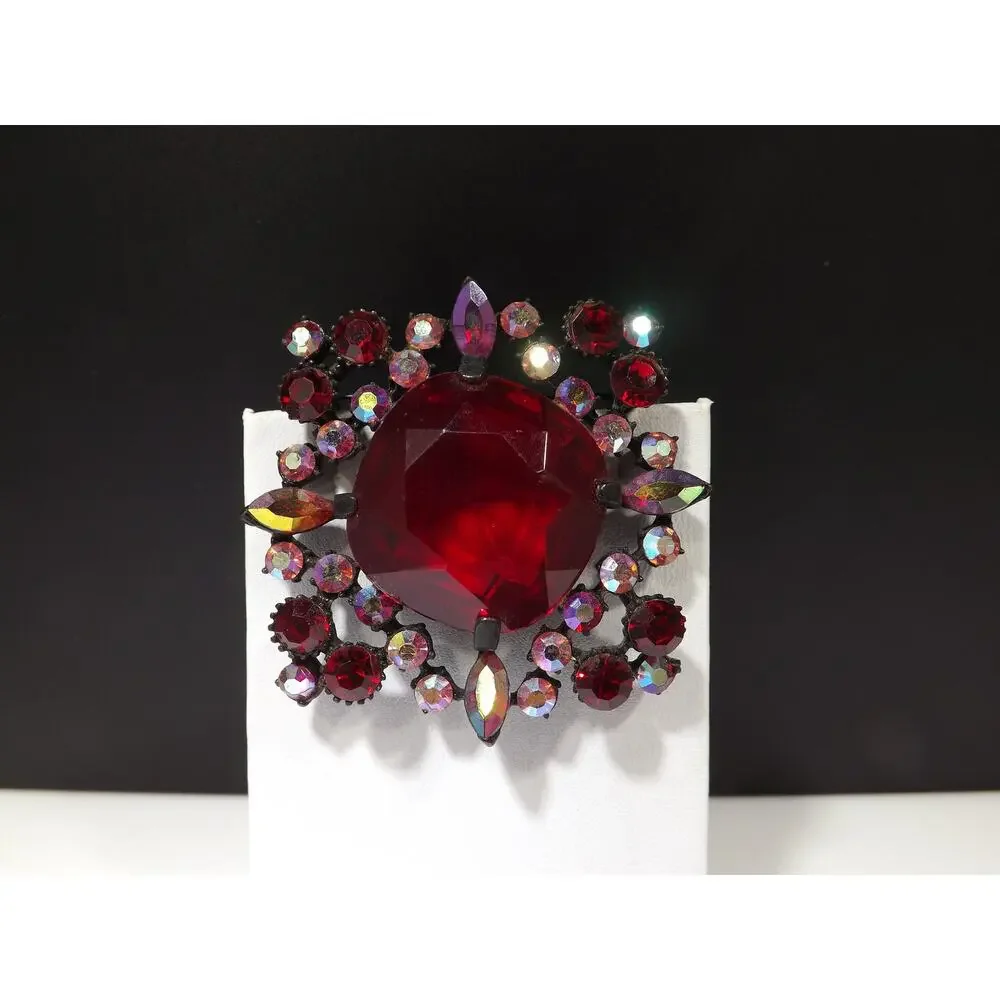 Red Large Rhinestone Aurora Borealis Brooch, Japanned Black Enamel 1970s Vintage